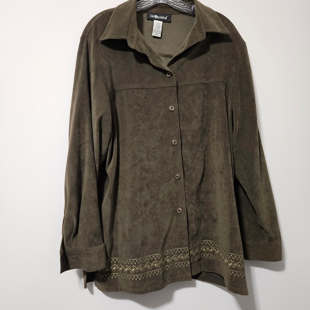 Sag Harbor Womens Olive Green Faux Suede Embroidered Button Front Top Size 16